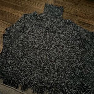 Black & Grey Fringed Bottom Turtle neck long sleeve  Poncho - Design Lab Size S